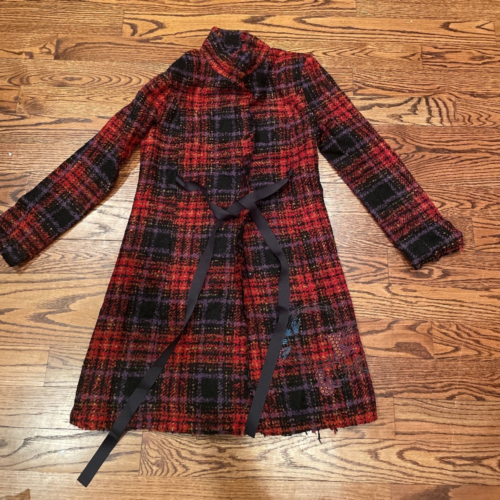 Desigual Red/Purple Plaid Tweed/Wool Coat NWOT